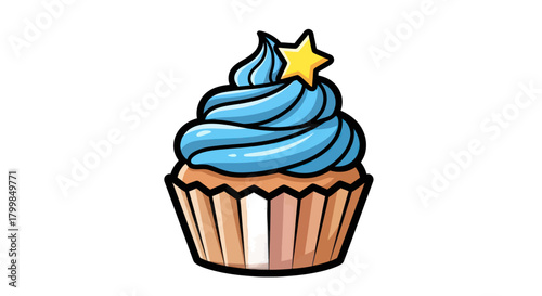 Cute cartoon cupcake with blue swirled frosting and a yellow star.