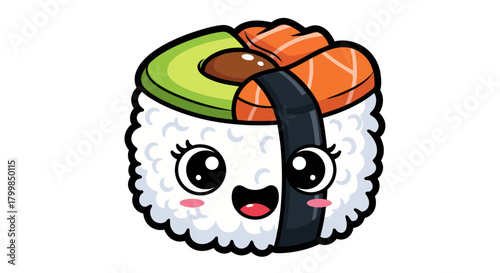 Cute sushi roll with avocado salmon and seaweed smiling face.