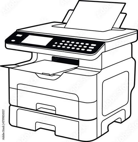 Multifunction printer line illustration with paper tray, control panel, and document feeder in black vector style