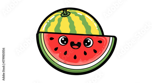 Cute cartoon watermelon slice with happy face and seeds.