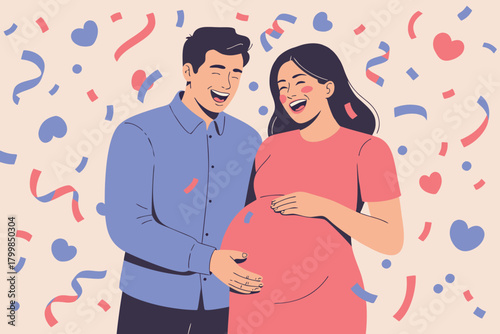 Joyful vector illustration of expecting parents celebrating gender reveal with blue and pink confetti, representing the excitement of pregnancy and new family beginnings