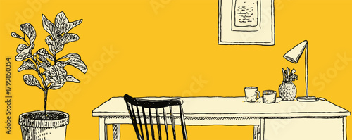 A yellow wall with a plant and a chair in front of a desk. The chair is black and the desk is white