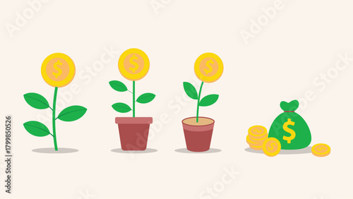 Money Growth Concept with Coin Plants and Savings Bag Flat Illustration.