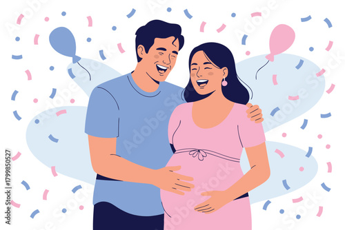 Joyful vector illustration of expecting parents celebrating gender reveal with blue and pink confetti, representing the excitement of pregnancy and new family beginnings