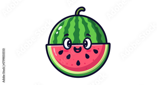 Cute cartoon watermelon character with glasses smiling.