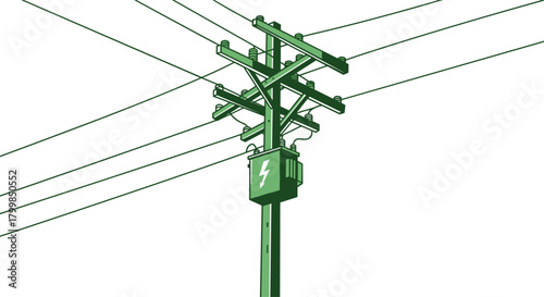 Electrical utility pole vector, transformer box with lightning symbol, power line distribution illustration, energy infrastructure artwork, electricity system design, insulators and crossarms