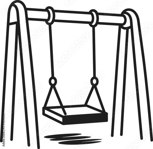 Playground swing line illustration with rectangular seat, rope suspension, and four-leg frame in black vector style