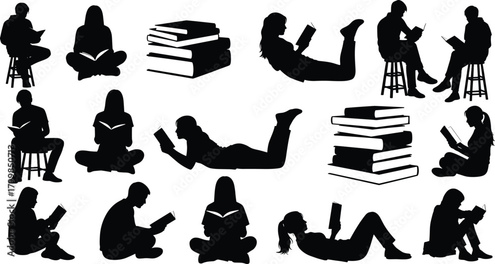 Naklejka premium Reading silhouette set with seated, lying, and cross-legged poses plus book stacks in black vector style