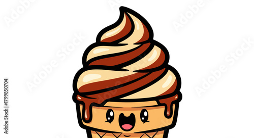 Cute Swirl Ice Cream Cone Character with Happy Face.