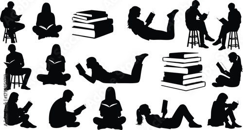 Reading silhouette set with seated, lying, and cross-legged poses plus book stacks in black vector style