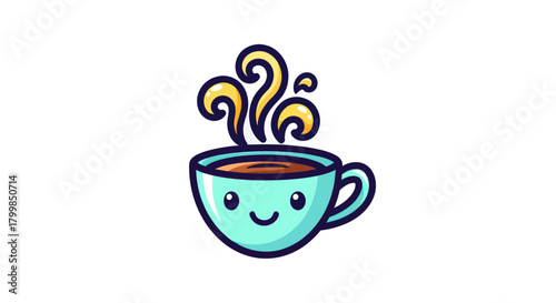 Cute Steaming Coffee Cup Cartoon Illustration.