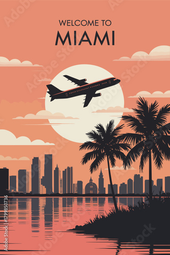 Abstract city poster of miami florida usa featuring skyline, buildings, and plane flying over, vintage american travel vector illustration perfect for wall art decor.