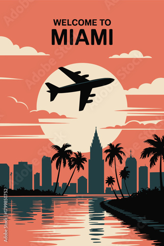 Abstract american travel poster with miami florida city skyline, buildings, and plane, retro vintage vector illustration designed for decorative wall art and modern interior decor.

