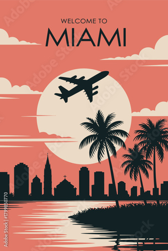 Miami florida usa retro city poster showing skyline, buildings, and plane in flight, vintage travel vector illustration suitable for wall art and interior decoration.
