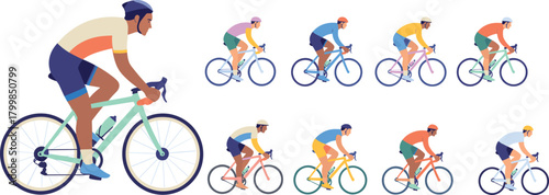 Road cyclist illustration set with diverse outfits, helmets, and bike designs in colorful vector style
