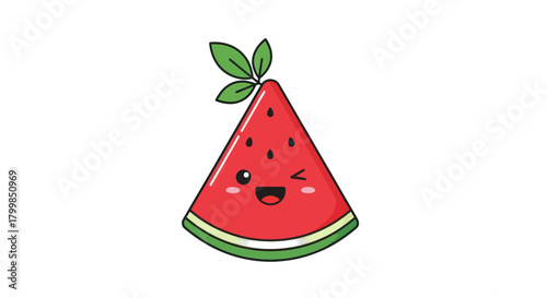 Cute Watermelon Slice with Winking Face and Green Leaves.