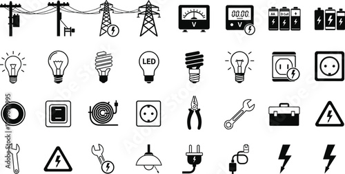 Electricity icons vector set, electrical components and tools illustration, power distribution artwork, maintenance and safety concept, engineering design elements collection