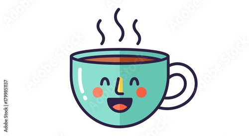 Cute smiling coffee cup character with steam.
