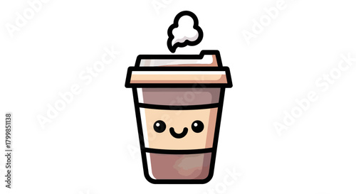 Cute coffee cup with steam rising, smiling, ready to drink, warm beverage.