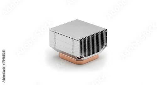 Close up of a rectangular silver and copper heatsink on a white surface in a studio setting