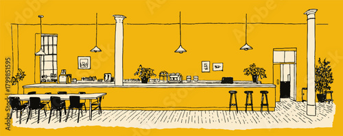 A yellow room with a long bar and a lot of chairs. The bar is long and has a lot of stools. There are potted plants on the bar and in the room