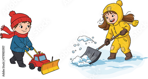 Cartoon children shoveling snow, kid with snowplow toy, winter outdoor activity, child clearing snow, seasonal chores, cold weather clothing, vector illustration