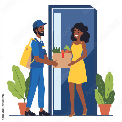 African American Woman Receiving Grocery Delivery from Black Courier