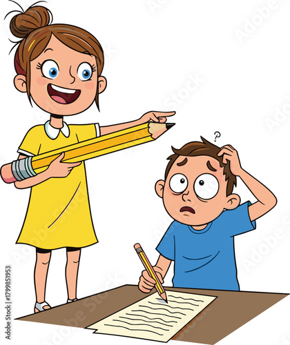 Cartoon children studying together, girl helping boy with homework, tutoring illustration, classroom learning, education teamwork, confused student, cheerful helper, vector school concept