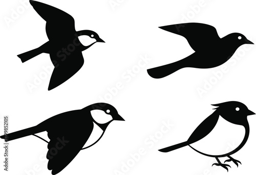 Bird silhouettes, flying bird, perched bird, standing bird, crest bird, black vector, clipart, nature, wildlife, avian, isolated, artistic, stylized, 
