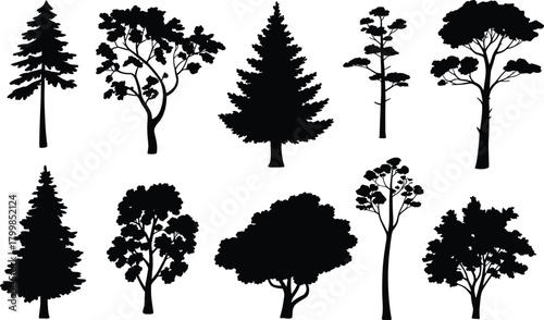 Tree silhouette icon set with diverse foliage shapes, conifer and broadleaf forms in black vector style