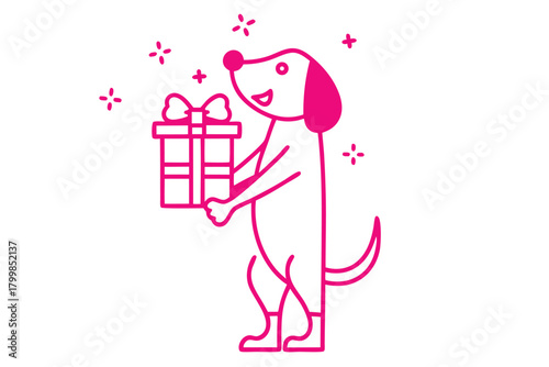Magenta dog happily carries a gift with bow in its paws outlined against white