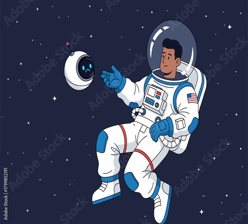 Illustration of an astronaut floats in space with a robot, illustrating exploration and companionship in the cosmos, isolated on white background