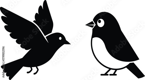 Bird silhouettes, flying bird, standing bird, black and white, stylized birds, vector, clipart, isolated, nature, wildlife, avian, contrast, artistic, minimal, graphic, posture, wings, tail, beak, eye