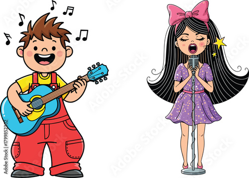 Cartoon kids singing, boy playing guitar, girl singing microphone, music performance, children illustration, colorful characters, fun concert, vector art