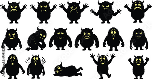 Cartoon monster silhouettes with funny expressions, black creatures with yellow faces, emotional characters illustration, cute scary monsters, playful fantasy design artwork