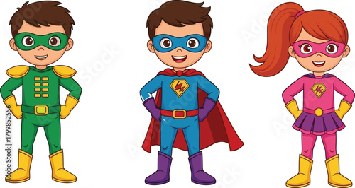 cartoon superhero kids, children in costumes, boy and girl heroes, colorful vector illustration, fantasy playtime, childhood imagination, comic style art
