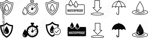 Waterproof and resistance icon set with droplets, shields, stopwatches, arrows, and umbrellas in black vector style