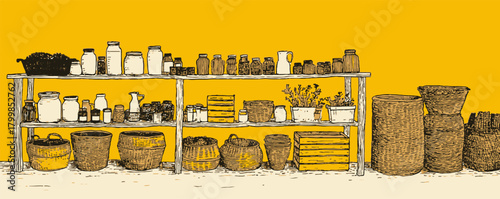 A shelf with many jars and bottles on it. The shelf is yellow. The jars and bottles are of different sizes and shapes