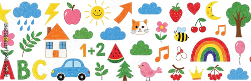 Collection of colorful cartoon illustrations for children s education and fun activities