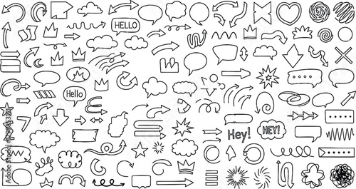 Massive Hand Drawn Doodle Elements Collection: Arrows, Crowns, Bubbles, Shapes - AI Generative