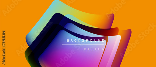 Abstract layers overlap, vibrant colors blend. Orange top section contrasts purple, blue hues. Text reads background design. Modern visual presentation.