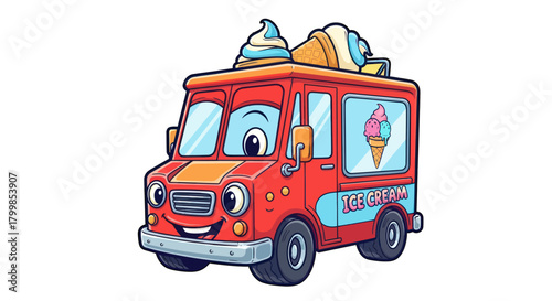 Cheerful red ice cream truck with smiling face and delicious treats.