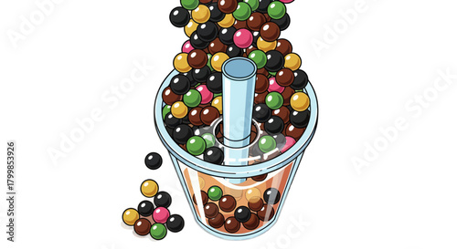 Colorful tapioca pearls overflowing into a bubble tea cup with a straw.