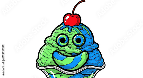 Cheerful ice cream character with a cherry on top smiling brightly.