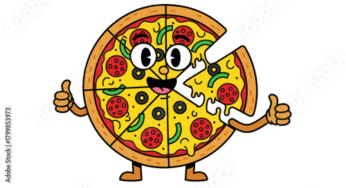 Cartoon pizza character with pepperoni and vegetables giving thumbs up.
