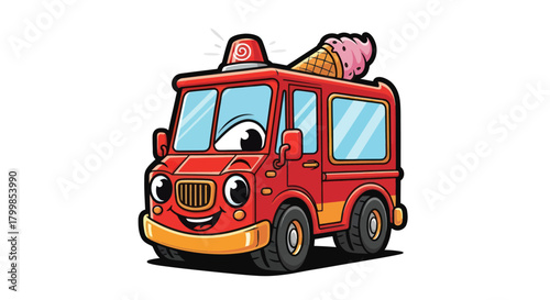 Cartoon Ice Cream Truck Character with Smiling Face and Cone.