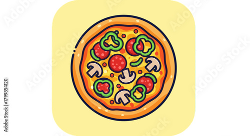 Colorful cartoon illustration of a whole pizza with toppings.