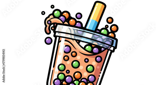 Colorful Boba Tea Drink with Tapioca Pearls and Straw.