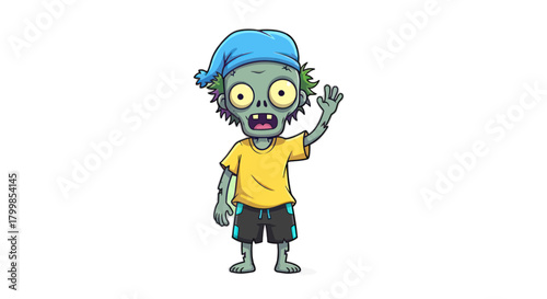 Cartoon zombie character wearing a blue hat and yellow shirt waving hello.