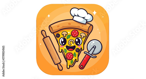 Cartoon Pizza Slice with Chef Hat, Rolling Pin, and Pizza Cutter Illustration.